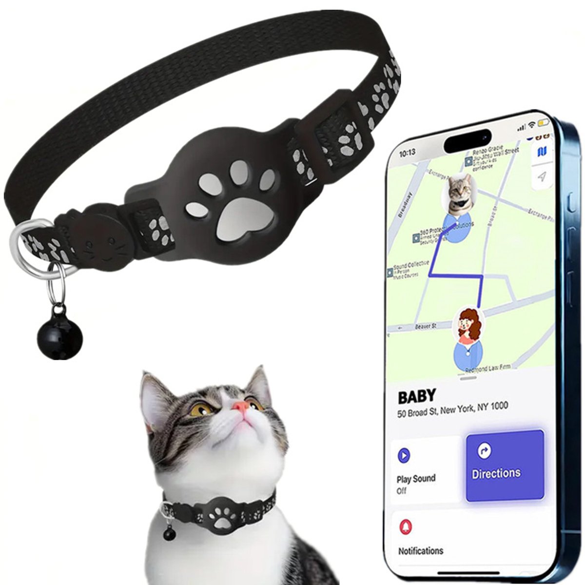 Gps-Trackinghalsband Voor Katten - Real-Time Locatietracking Met Reflecterende Halsband En Belletje - Waterdichte Anti-Verlies Tracker Voor Huisdieren - Geschikt Voor Gebruik Binnen En Buiten(Alleen van toepassing op iOS-systemen) - Zwart A