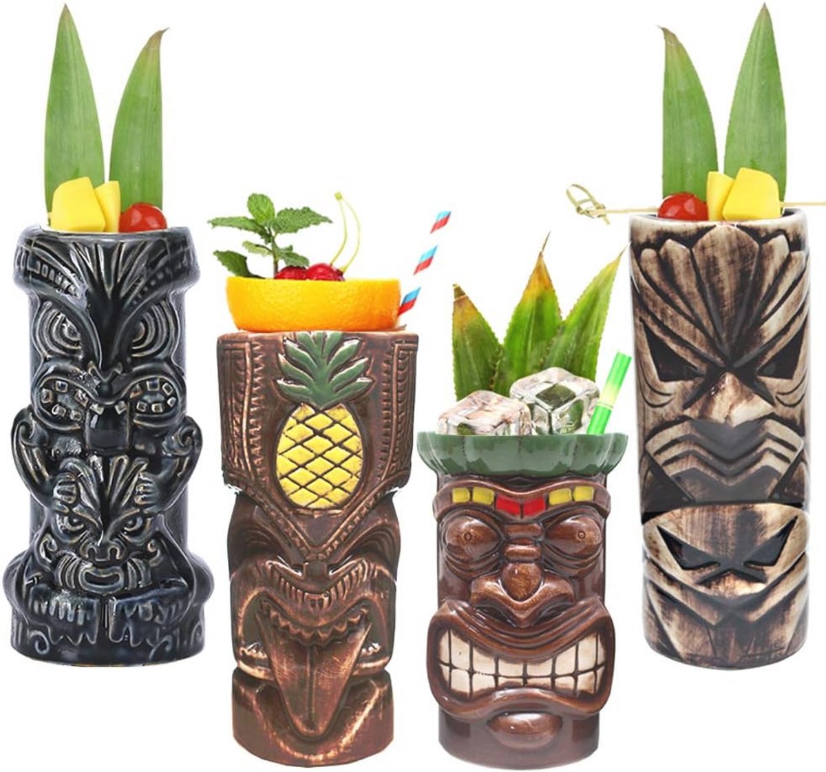 Cocktailset van 4 Tiki Mokken - Keramische Hawaiiaanse Tuimelaars voor Feestelijke Drankjes