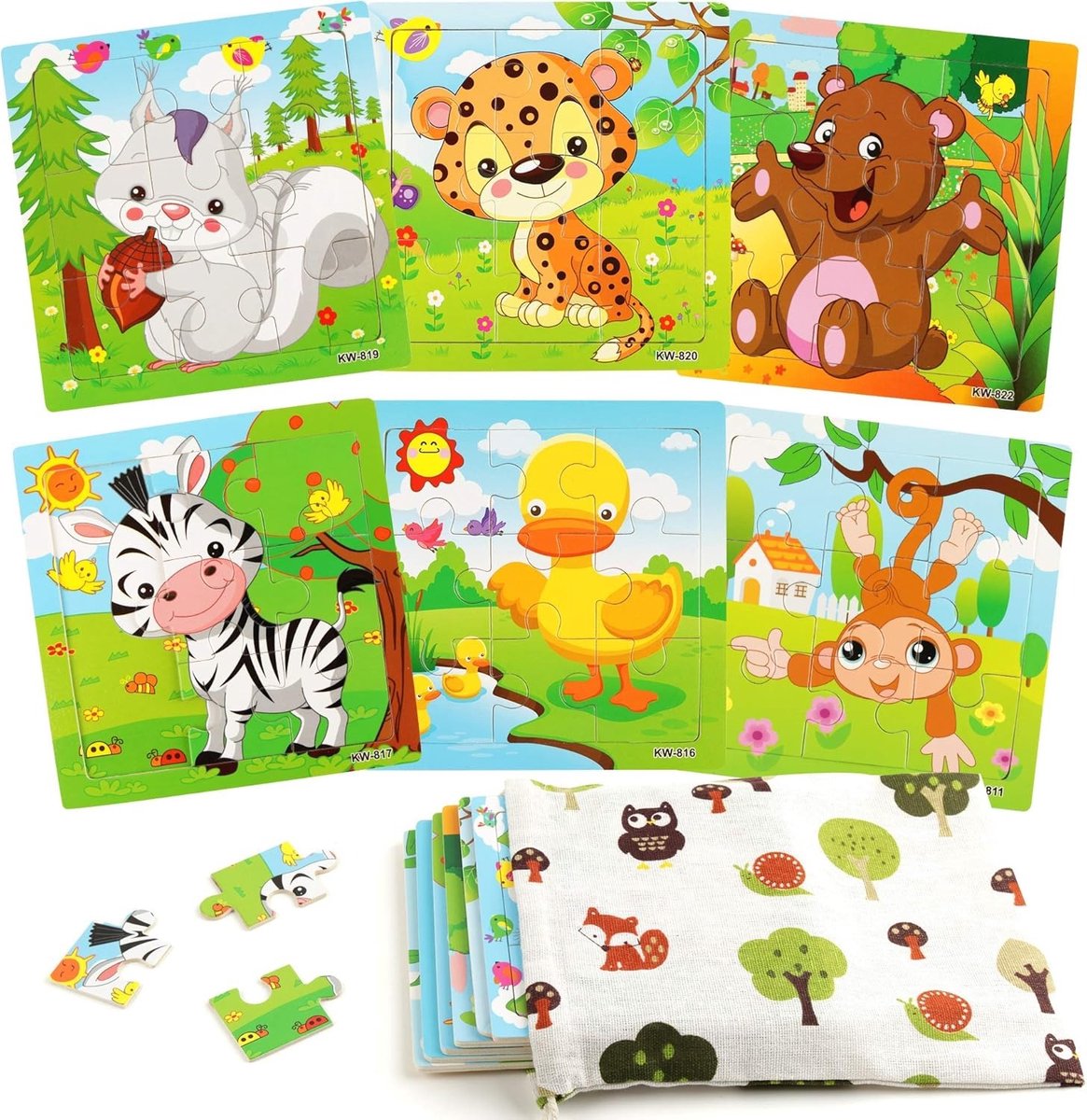 Kinderpuzzels voor meisjes en jongens, dierenpuzzel 6x9 stukjes, educatief speelgoed voor peuters, aap, luipaard, eekhoorn, beer, eend, zebra kinderpuzzel + uil trekkoordzak, speelgoed, cadeaus, verjaardagscadeaus voor de zonnetermijn