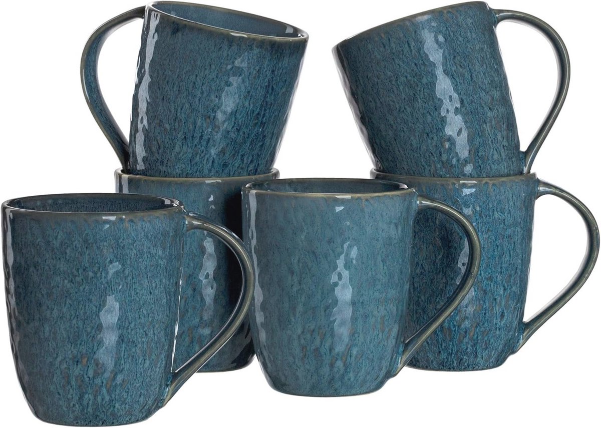 Set van 6 keramische mokken - Rustiek design in blauw