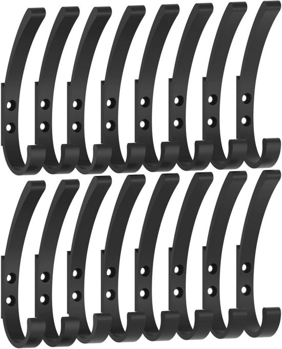 WJUAN 10 stuks garderobehaken, mat zwart, dubbel, 13 mm breed, metalen haken voor geluidspanelen & kleding, kledinghaken om te schroeven, wandhaken voor slaapkamer, woonkamer, badkamer