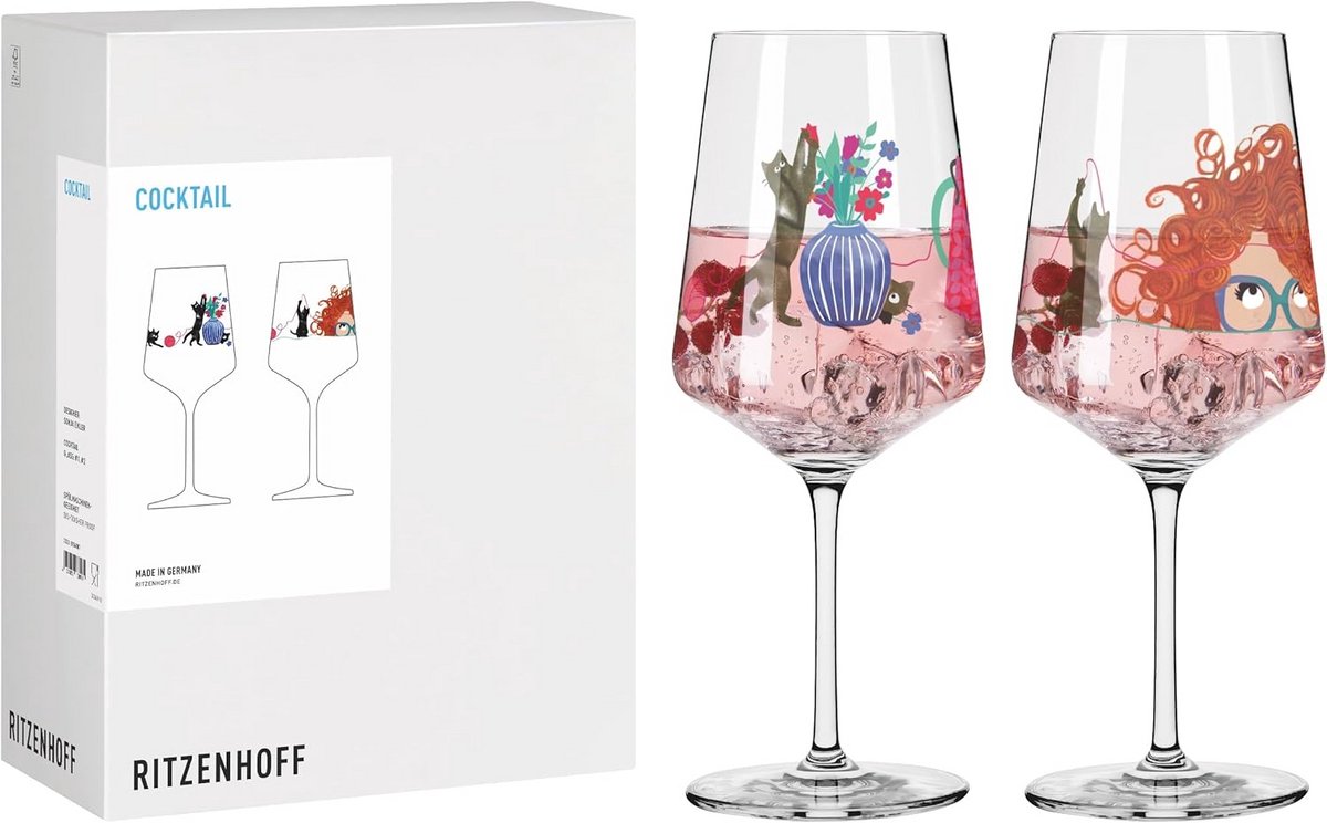 Set van 2 Cocktailglazen 500 ml met Kleurrijke Kattenprint - Duits Kwaliteitsglas
