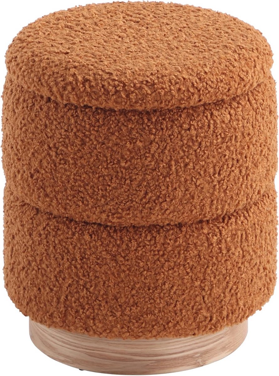 Ronde Ottomane met Opbergruimte - Zachte Bouclé Voetenbank & Make-up Kruk met Houten Basis