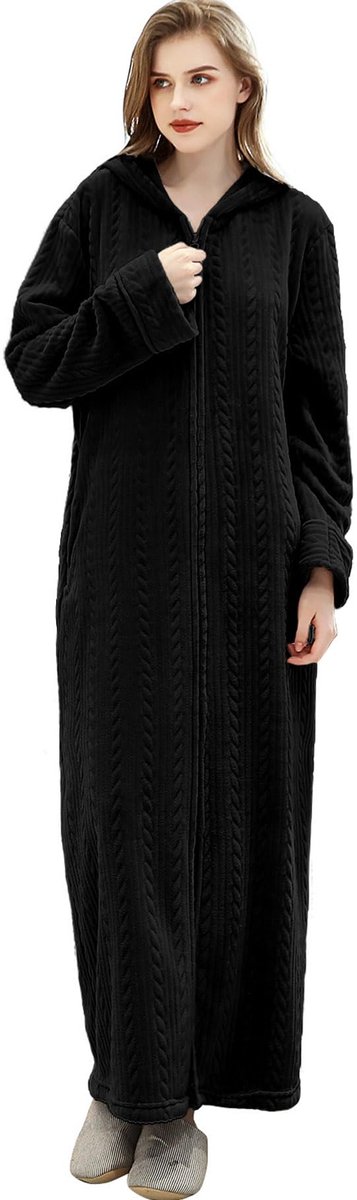 Unyqoos Comfortabele lange damesbadjas met ritssluiting en capuchon van zachte fleece stof zwart