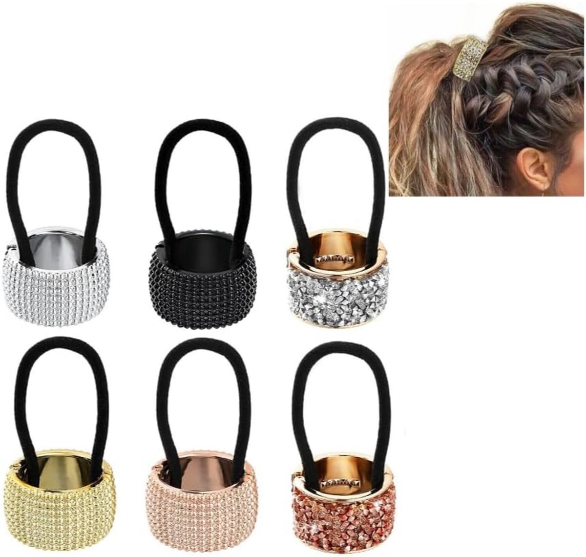 6 Stuks Luxe Haarelastiekjes en Haarspelden met Strassversiering voor Dames