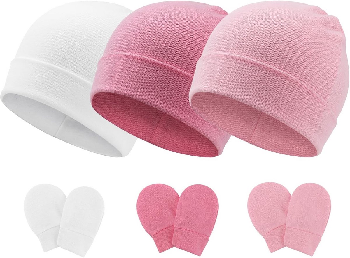 Zachte Katoenen Muts en Anti-Krab Handschoenen voor Pasgeboren Baby's (0-6 Maanden)