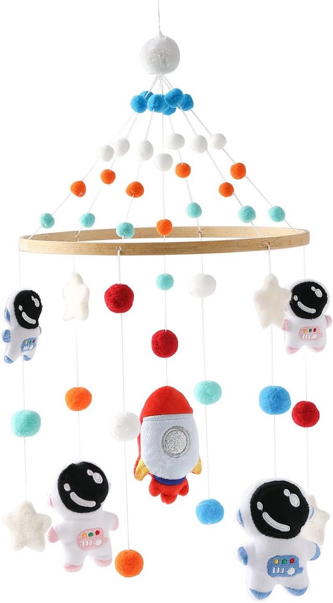 Houten Baby Mobiel met Vilten Ballen, Maan en Sterren voor Trendy Babykamer Decoratie