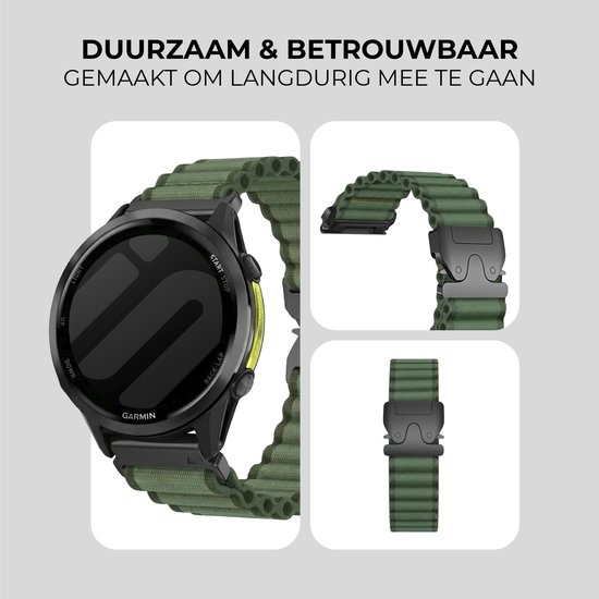 Horloge Garmin Fenix met groen nylon bandje, weergegeven als set van drie: geheel, gesp en bandje.