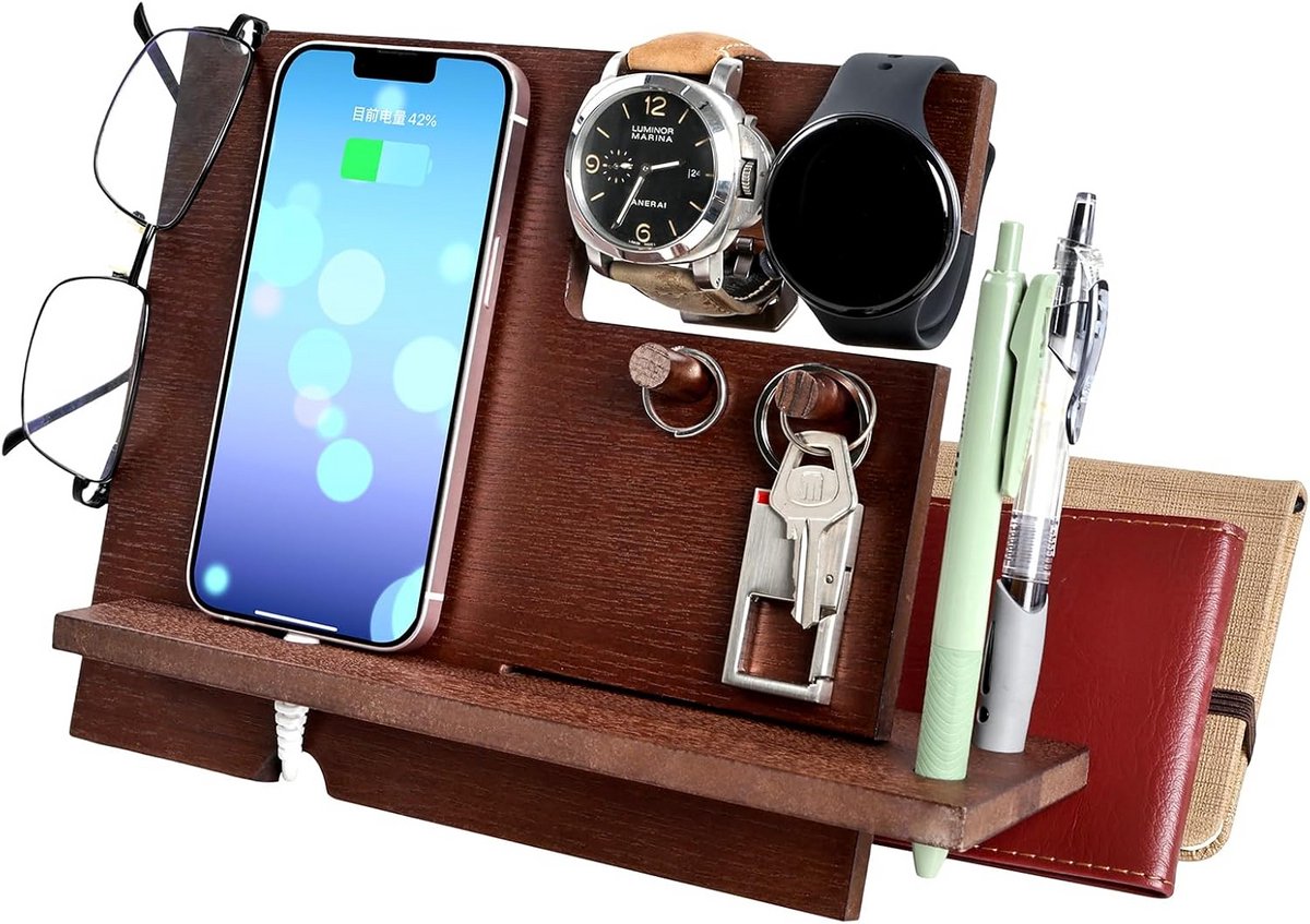 Houten Nachtkastje Organizer en Telefoon Docking Station - Organiseer Sleutels, Portemonnee en Horloge