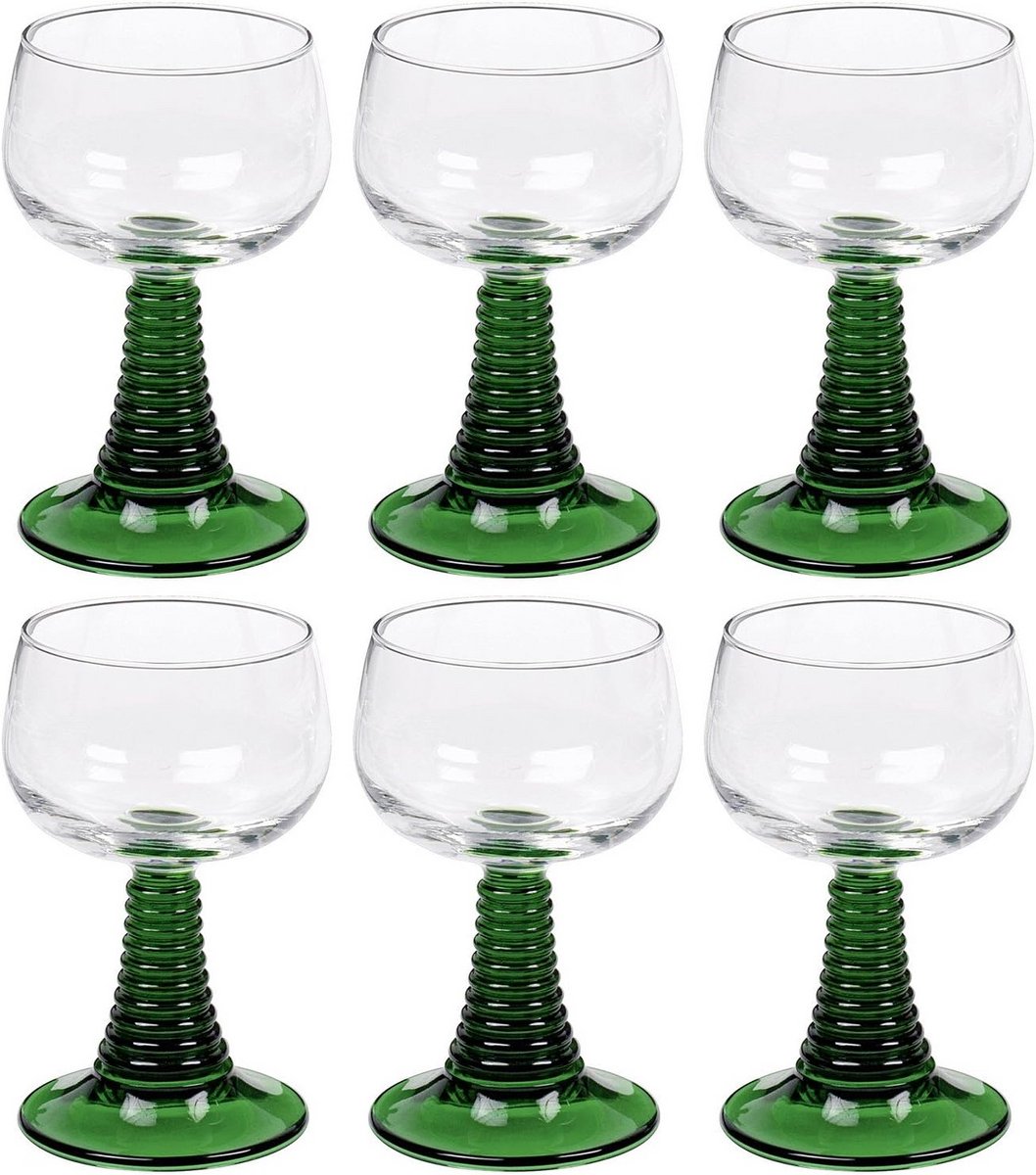 Set van 6 Groene Wijn- of Waterglazen van Glas, Gekalibreerd