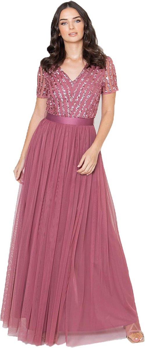 Elegante Maxi Jurk Korte Mouw V-Hals Bruidsmeisjesjurk Taupe