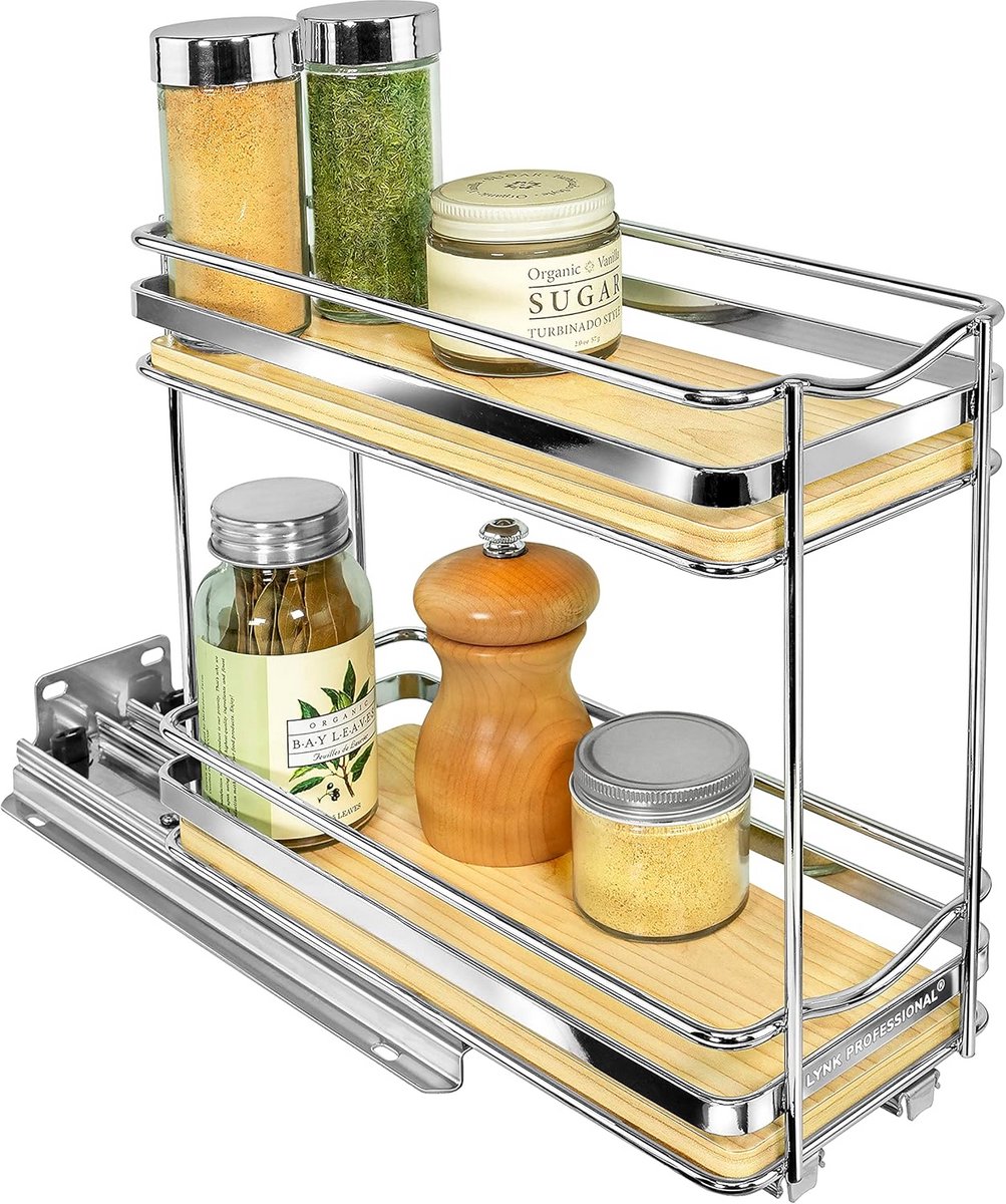 Uitschuifbaar Kruidenrek voor Kast - Hout & Chroom - 2 Lagen - Brede Keuken Organizer