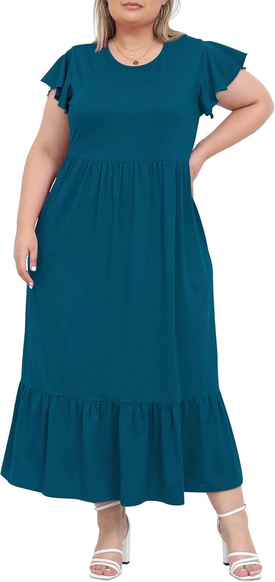 Lange Zomer Maxi Jurk Dames Met Korte Mouwen en Zakken - Casual Fit en Grote Maten