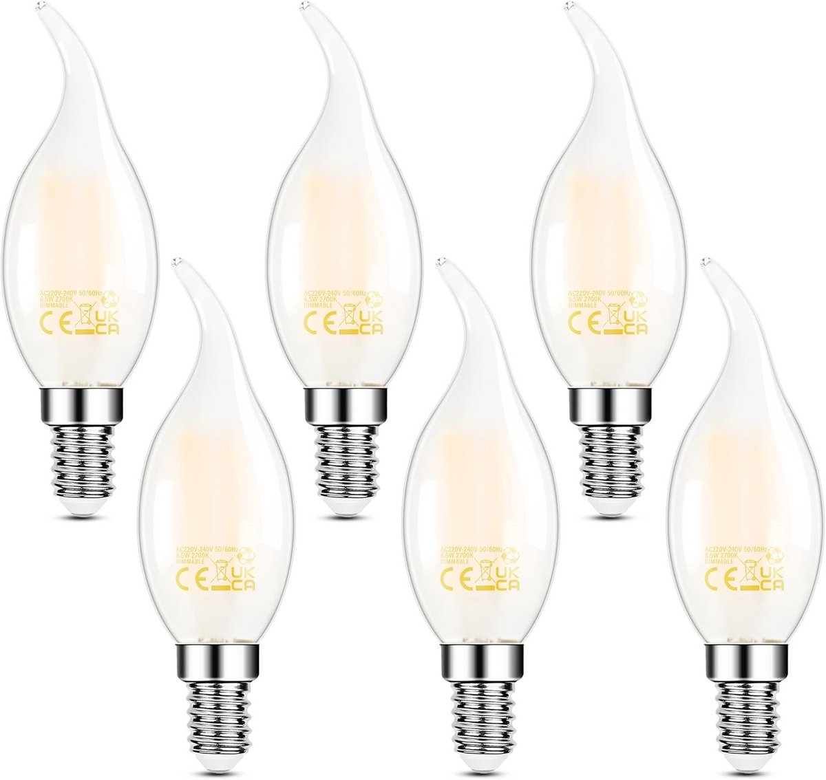 Dim-bare E14 LED Kaarslamp 6W Vervangt 60W 806 Lumen Warm Wit 2700K Pak van 6