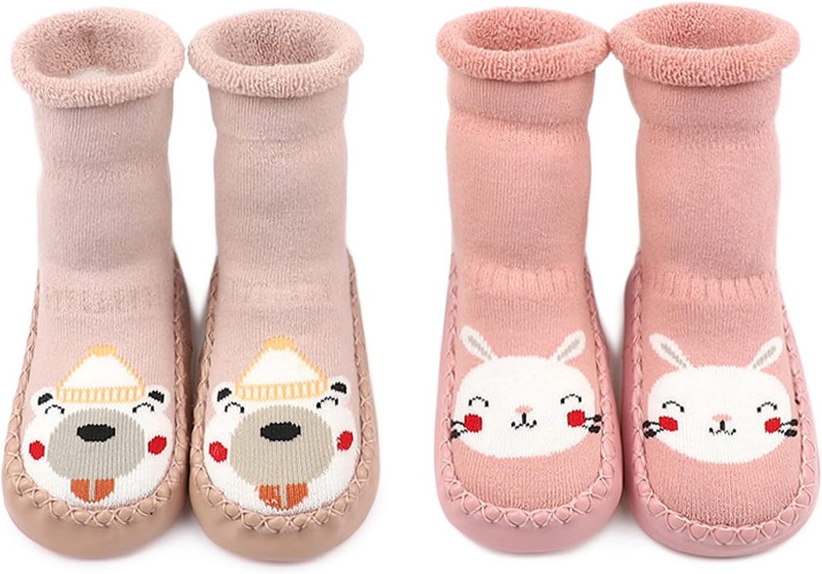 Antislip Sokken Pantoffels voor Baby Meisjes Katoen Met Teddy Binnenkant 2-Pack