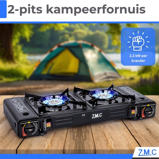 ZMC Campinggasfornuis 2-pits 2,5 kW incl. adapter voor LPG-aansluiting + opbergkoffer Campingfornuis met gaspatronen, met piëzo-ontsteking, voor gebruik binnen en buiten - Gasfornuis met 8 gaspatronen van Z.M.C — afbeelding 3