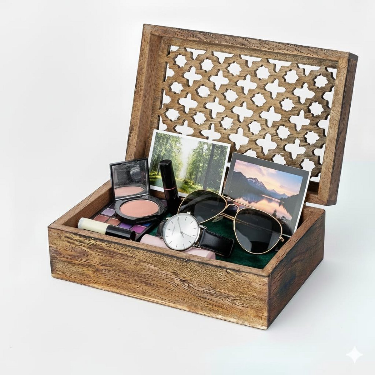 Decoratieve Houten Opbergdoos met Deksel - Handgemaakt Mango Hout - Sieraden & Souvenirs Kist