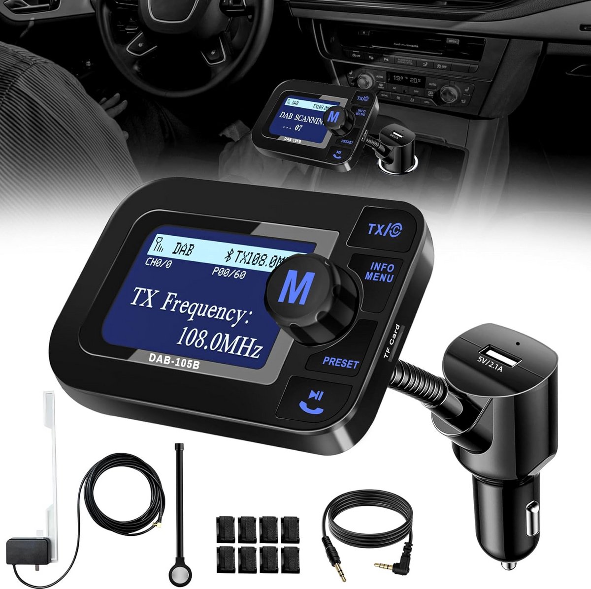 DAB+ Radio Adapter voor Auto met Bluetooth en LCD Display - Plug & Play DAB Ontvanger