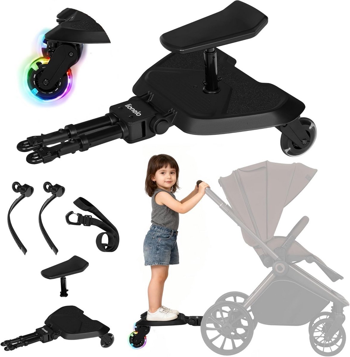 Universele Meerijdplank 2-in-1 met Zitje en LED Verlichting voor Kinderwagen
