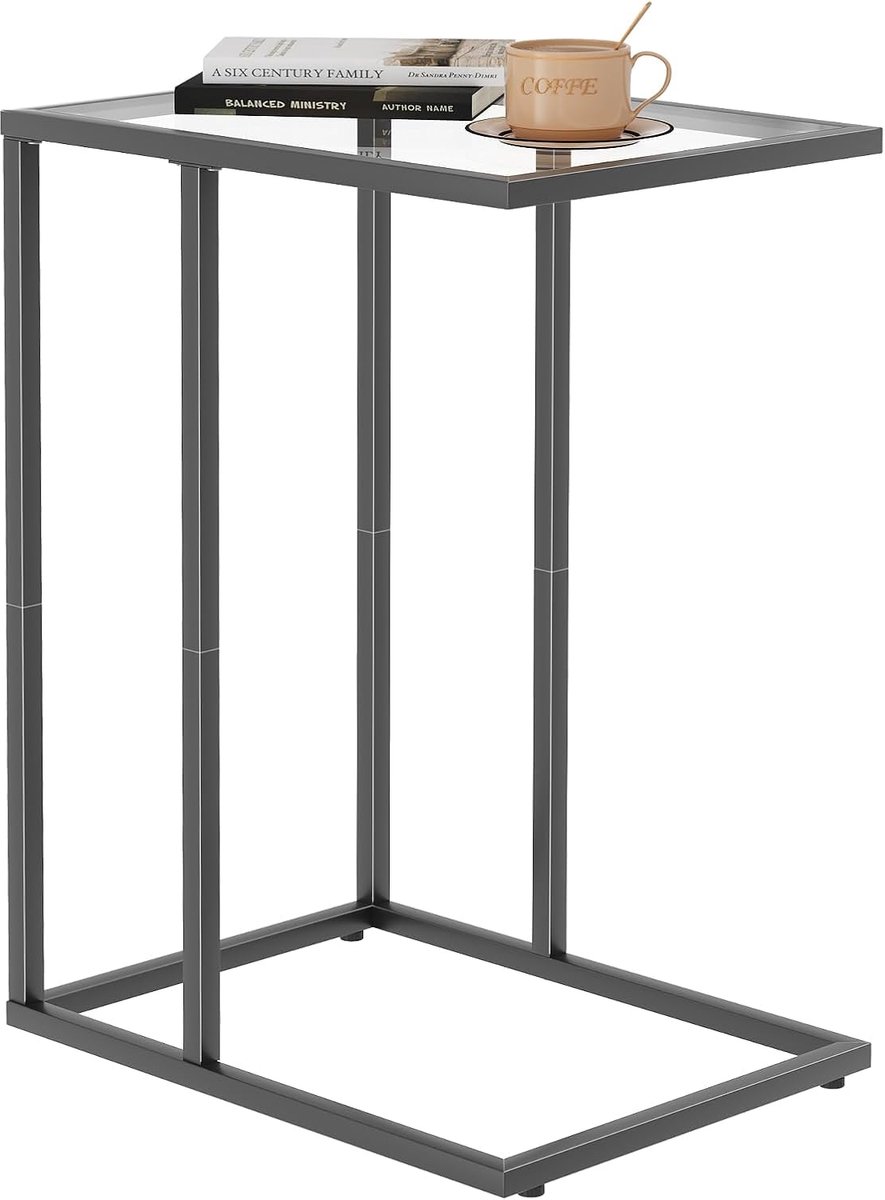 Unyqoos Moderne C-vormige bijzettafel met glazen blad en metalen frame Zwart