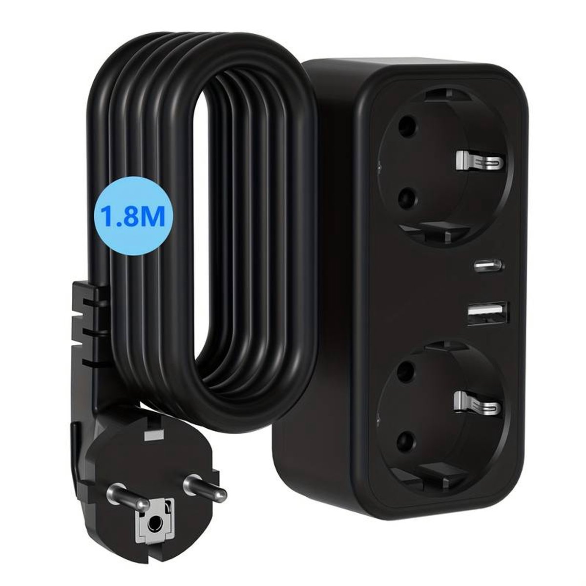 4-in-1 EU Stekkerdoos met 2 Stopcontacten, USB-A & USB-C – 1,8 m Verlengsnoer – Compact Oplaadstation voor Thuis, Kantoor & Reizen