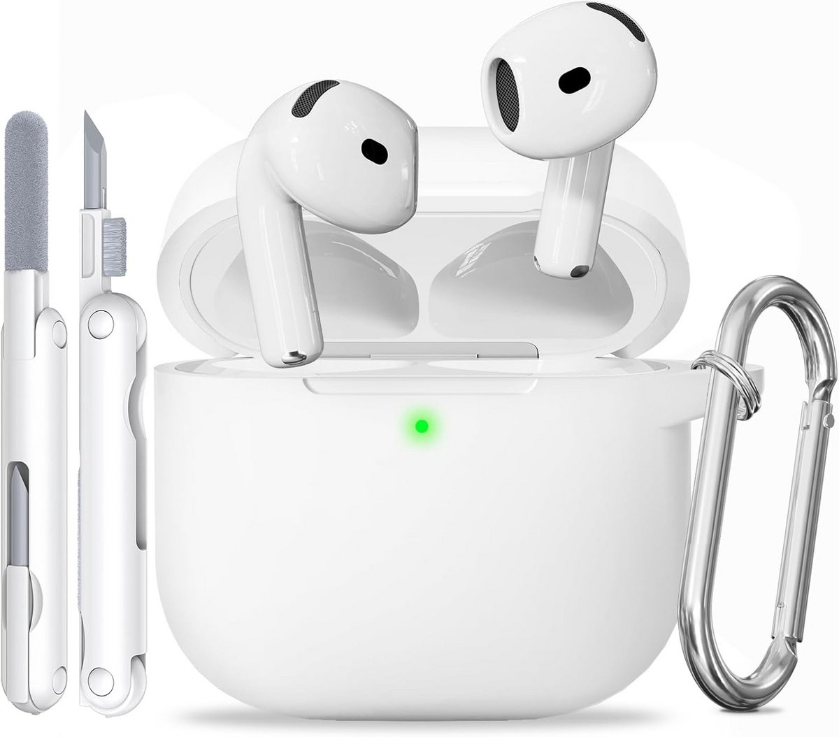 Beschermhoes voor AirPods 4 (2024) - Zachte Siliconen Case met Schoonmaakset & Sleutelhanger - Wit