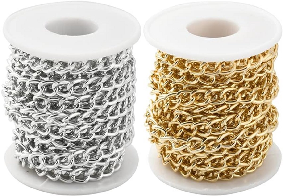Aluminium Pantserketting Set - 2 Rollen 5 Meter - Goud en Zilver - Gedraaide Schakelketting 10 mm