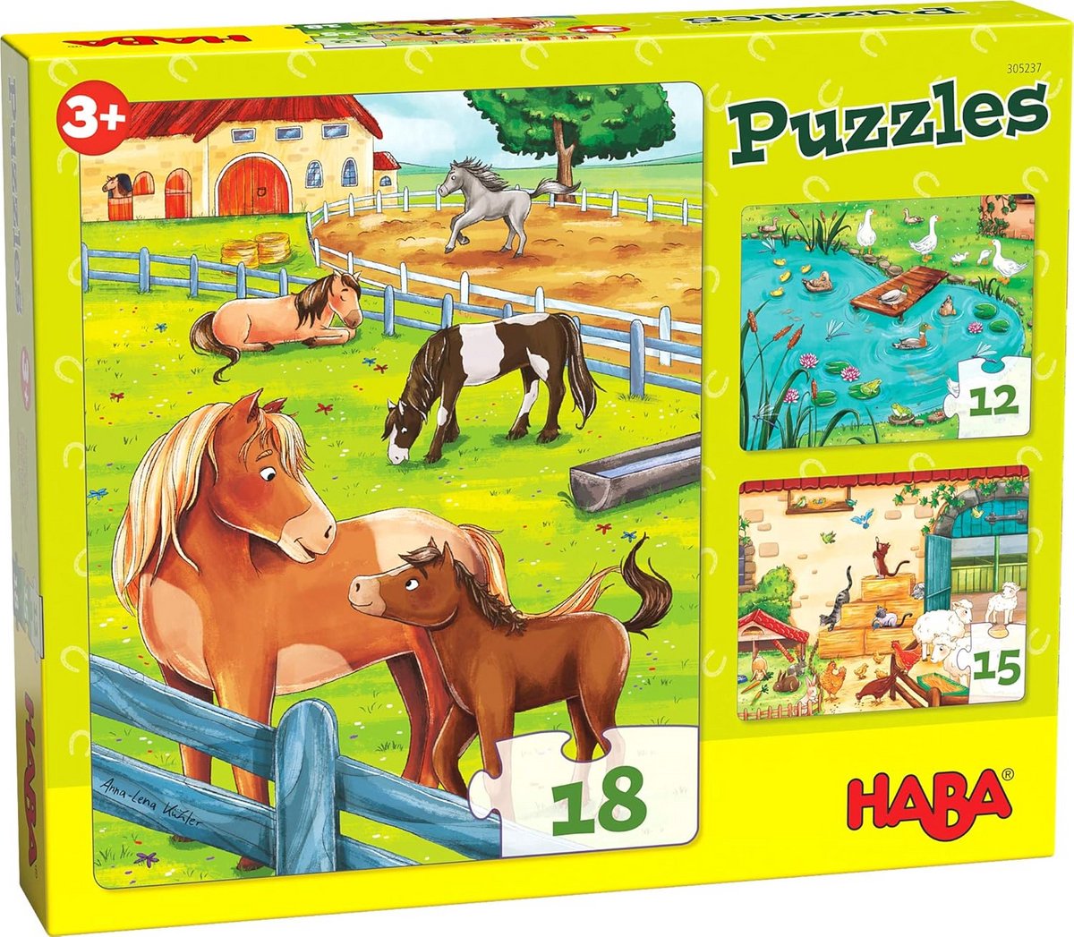 Puzzels boerderijdieren, 3 puzzels met 12, 15 en 18 delen en verschillende diermotieven, puzzel vanaf 3 jaar