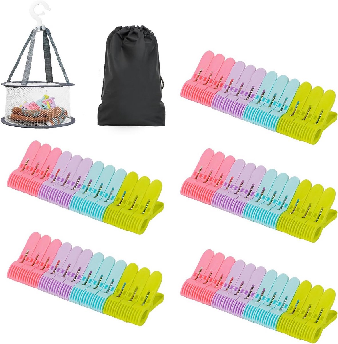 Set van 48 Kleurrijke Wasknijpers met Sterke Grip en Opbergmand