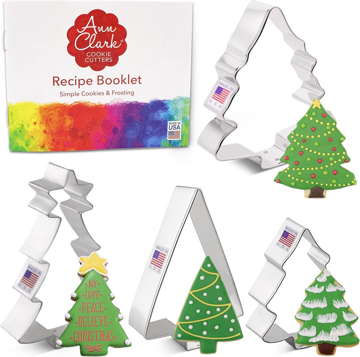 4-Delige Kerst Koekjesvormpjes Set met Receptenboek - Diep Snijdend Metaal