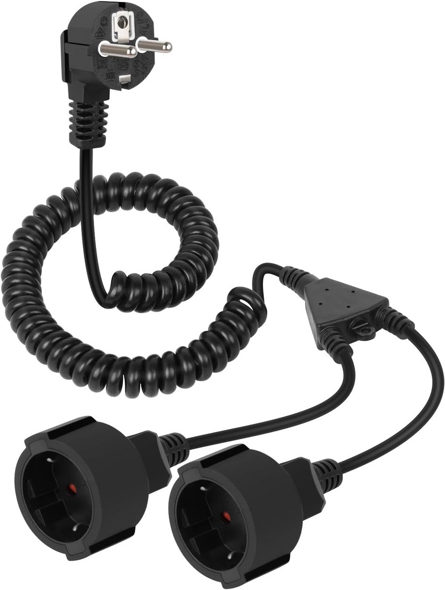 2-in-1 Spiraalkabel Verlengsnoer met Geaard Contact (0,8m uitrekbaar tot 1,2m) - Zwart