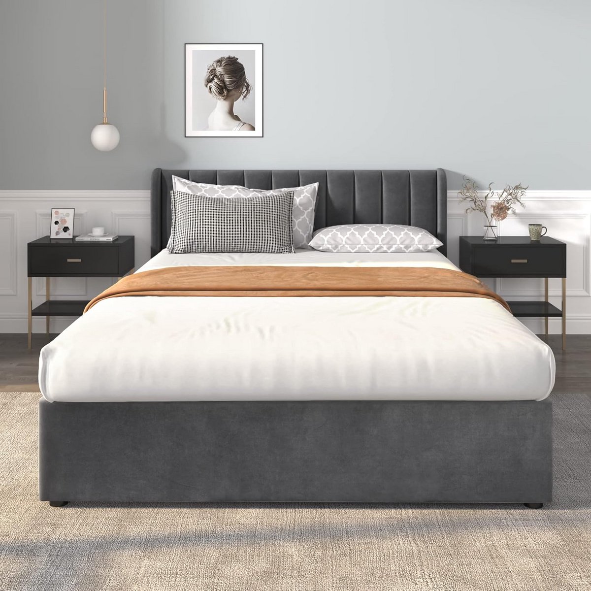Gestoffeerd Tweepersoonsbed met Lattenbodem en Opberglades (140x200 cm) - Zachte Fluwelen Bekleding Grijs