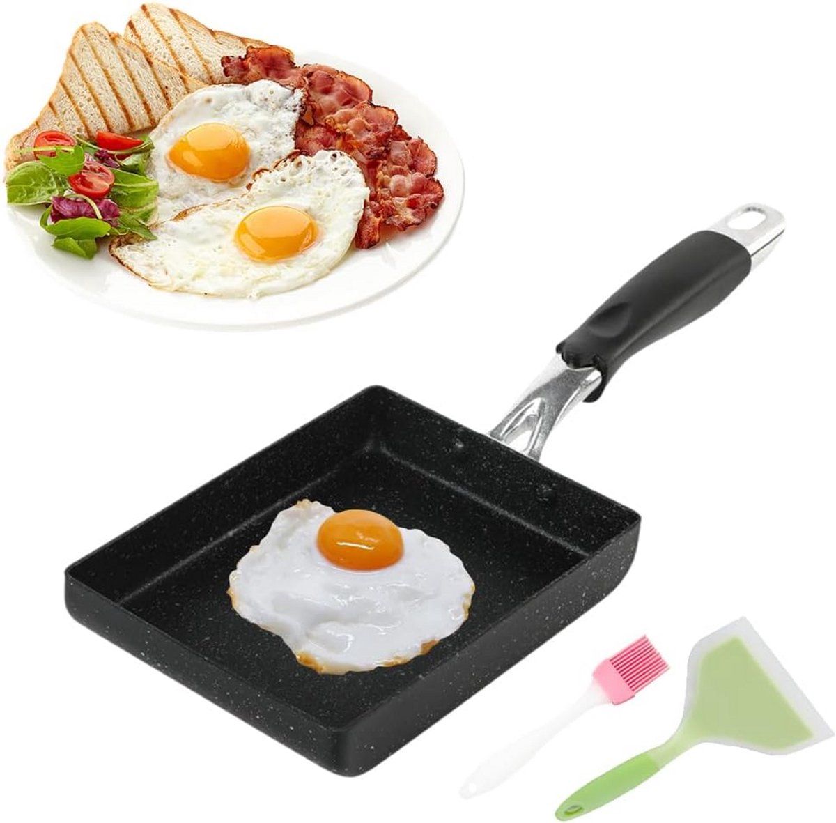 Rechthoekige Koekenpan met Antiaanbaklaag voor Japanse Omelet (Tamagoyaki) Inclusief Spatel en Kwast
