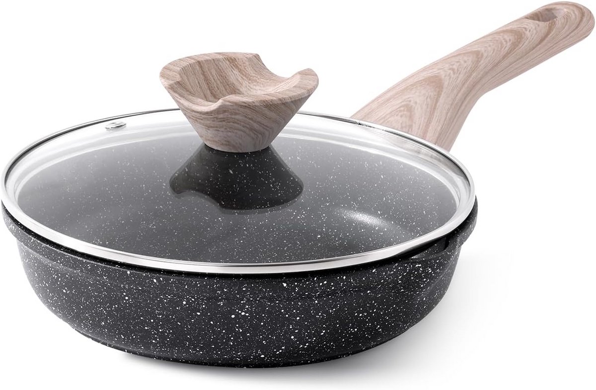 Aanbakvrije Koekenpan 20 cm met Deksel - Geschikt voor Inductie - Graniet Coating