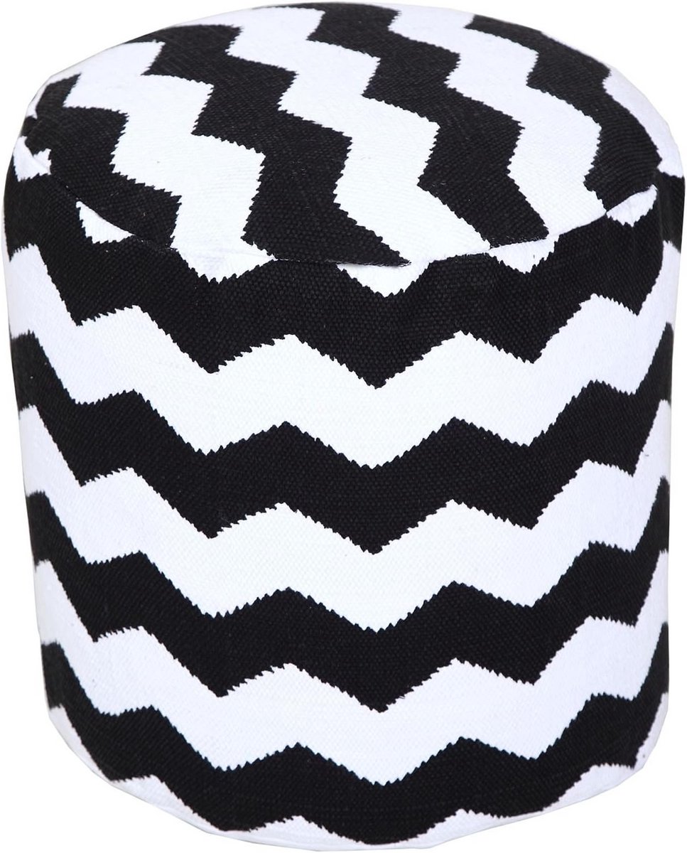 Ronde Zitzak Poef met Chevron Patroon - Voetenbank Zwart Wit - 45x40 cm