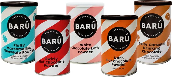 Vijf blikken met strepen in verschillende kleuren (blauw, rood, roze, oranje) met verschillende smaken hot chocolate en latte poeder.
