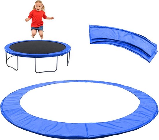 Blauw-zwarte trampoline met blauwe beschermrand, springend meisje en blauwe randen.