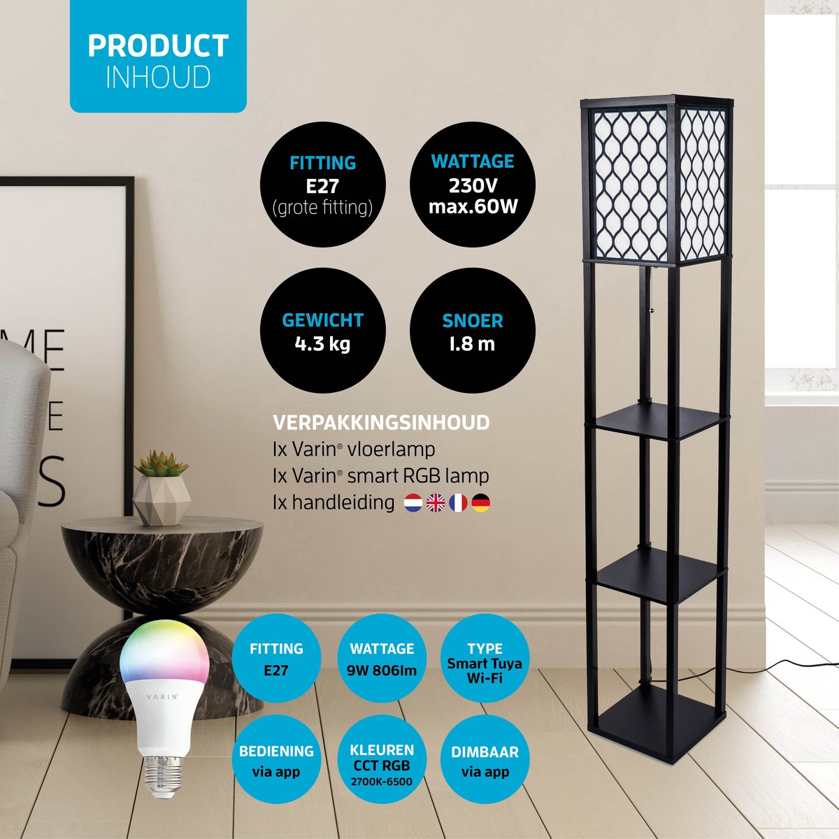 Varin® Vloerlamp met vakken - Zwart/gaas - Met E27 Led lamp - Dimbaar - Witlicht RGB - Smart Lamp Tuya wifi - Slimme staande lampen - Sfeerlamp - Vakkenkast - Lamp industrieel - Daglichtlamp - Vloerlampen - Verlichting woonkamer, keuken en slaapkamer thumbnail 5