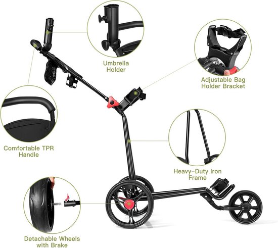 Inklapbare Golf Trolley met 3 Wielen, Verstelbaar Handvat en Rem van Merkloos — afbeelding 5