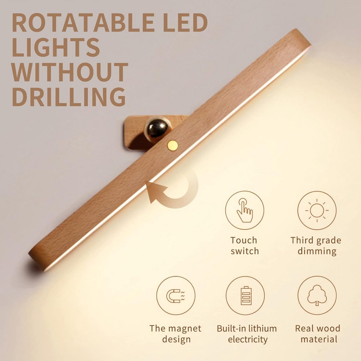 Oplaadbare Houten Badkamer Spiegel Lamp - Dimbare LED Wandlamp met Magneetbevestiging en Draaibare Kop