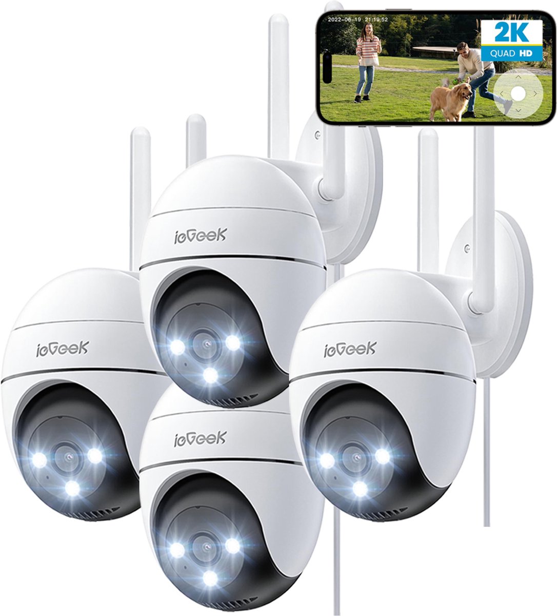 ZS-GQ2 Beveiligingscamera Buiten – 2K HD 3MP - Camerabewaking Met Nachtzicht – Bewakingscamera voor Buiten- Met WiFi en APP - Beveiligingscamerabuiten - 4x Digitale Zoom - Wit - 4 Stuks