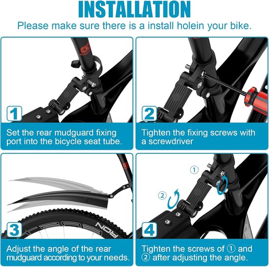 Vier stappen voor het installeren van een fietsspatbord, inclusief het aanpassen van de hoek.