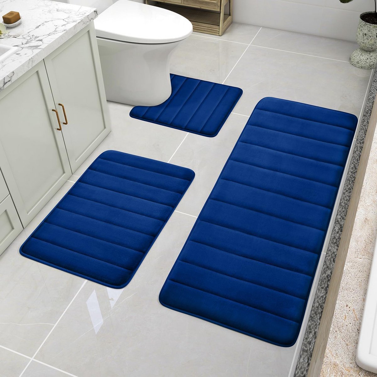 3-delige Set Antislip Badmatten & Toilettapijtset van Traagschuim - Marineblauw, Extra Zacht en Absorberend