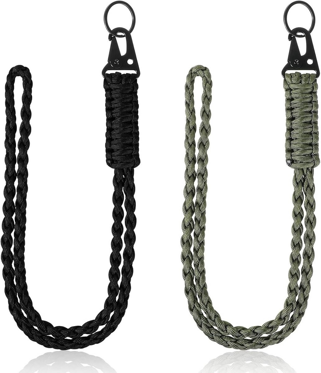 Set van 2 Karabijnhaak Sleutelhangers Paracord Touw Groen en Zwart