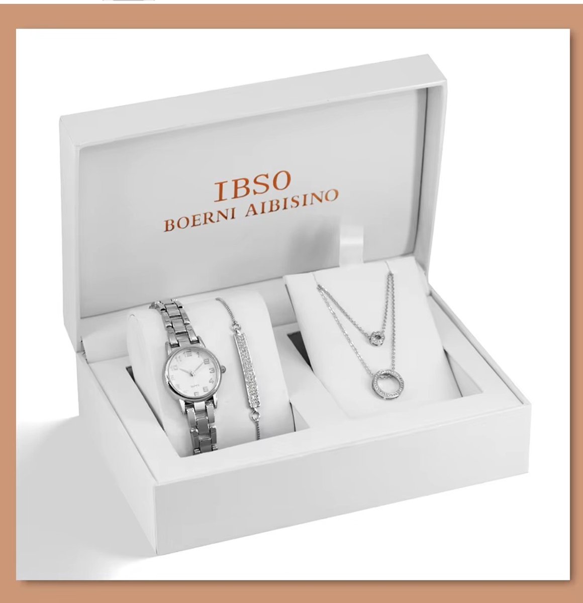 Boerni Aibisino Luxe Horloge Giftset met ketting en armband 34 - Tijdloze Zilverkleurige Elegantie met Horloge, Armband en Ketting