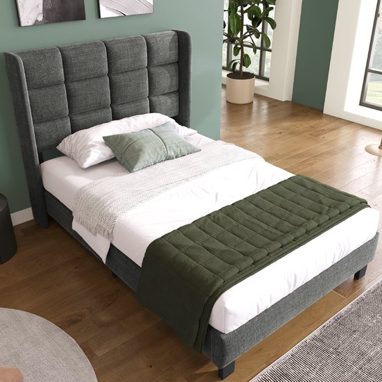 Lit Capitonné Strovea - 90x200 cm - Lit Simple Avec Cadre À Lattes Et Tête De Lit - Matras Inclus - Lin - Blauw