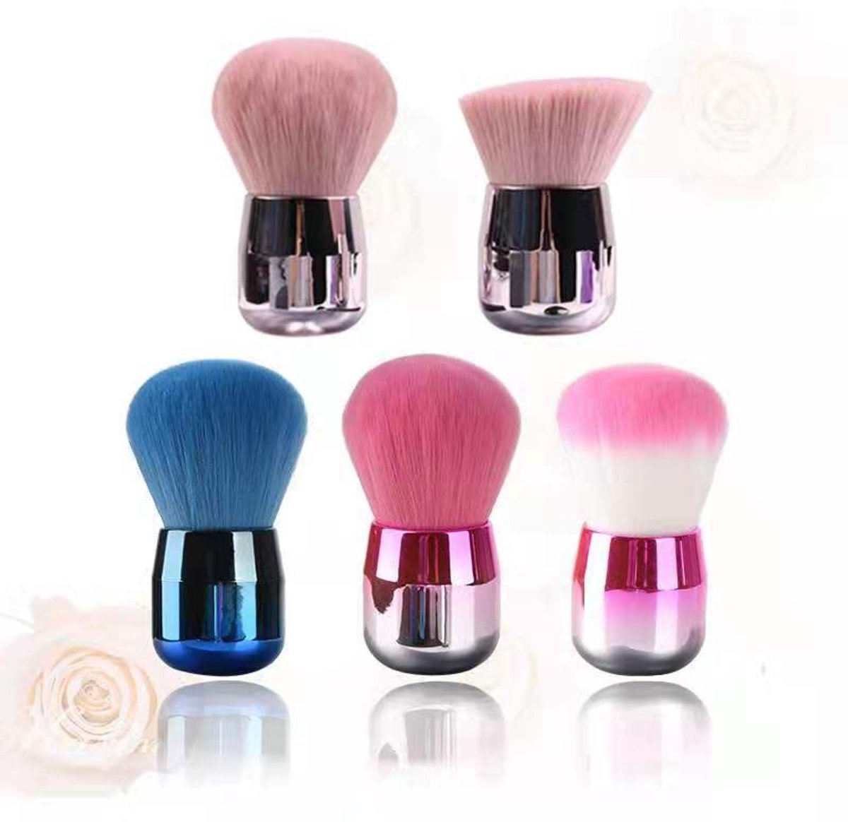 Nagelstofborstel voor acrylnagels, zachte Kabuki nagelkunst stofverwijderingsborstel met roze en witte haren en een handvat met kleurverloop, stofverwijderingsborstel voor make-up en manicure - blushkwast - 5 stuks