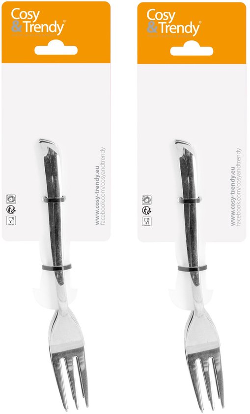 Deux petites fourchettes à pâtisserie Cosy & Trendy dans leur emballage, avec logo et site web.