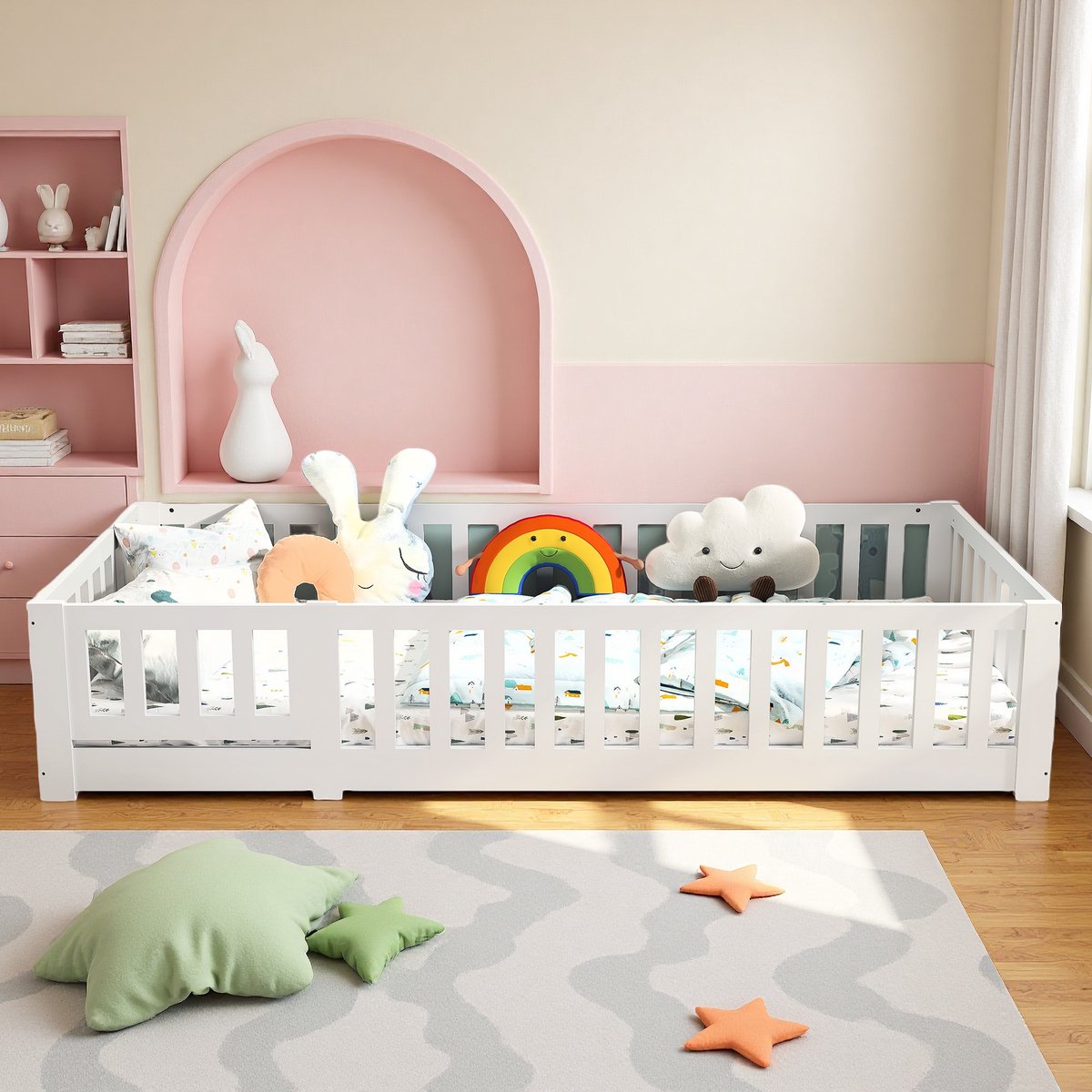 ROSAHQNDA Kinderbed 90x200cm Eenpersoons vloerbed, massief grenenhout, Montessori-stijl, geschikt voor jongens en meisjes wit
