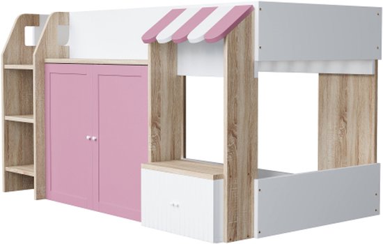 Lit enfant lit maison 90x200, avec espace de rangement ouvert, avec échelle d'escalade, lit mezzanine enfant mi-hauteur, lit superposé enfant en bois massif sans matelas, couleur bois + rose